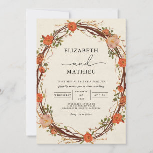 Rustic Autumn Floral Wreath Wedding Invitation