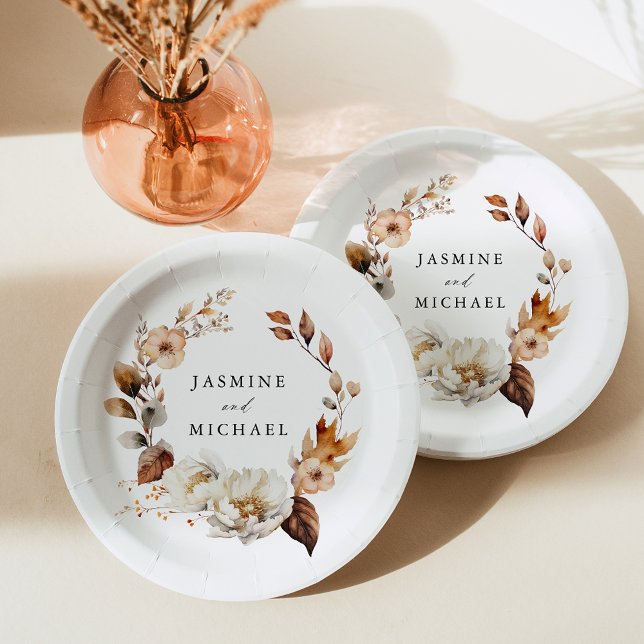 Rustic Autumn Floral Wreath Wedding Paper Plate (Creator Uploaded)