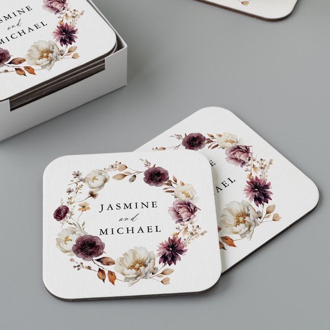 Rustic Autumn Floral Wreath Wedding Square Paper Coaster (Creator Uploaded)
