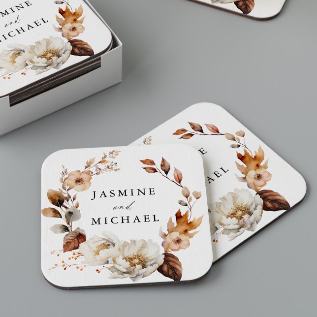 Rustic Autumn Floral Wreath Wedding Square Paper Coaster (Creator Uploaded)
