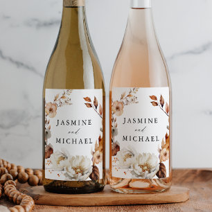 Rustic Autumn Floral Wreath Wedding Wine Label
