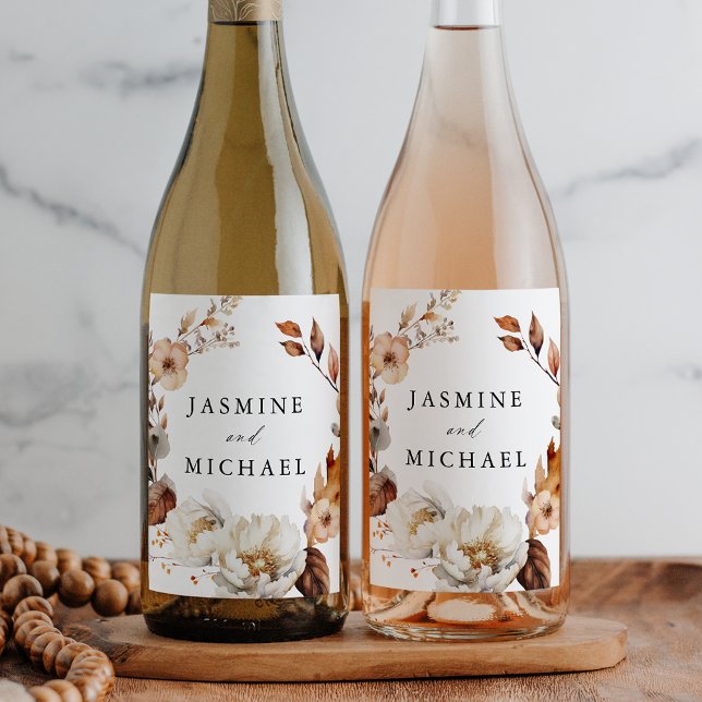 Rustic Autumn Floral Wreath Wedding Wine Label (Creator Uploaded)