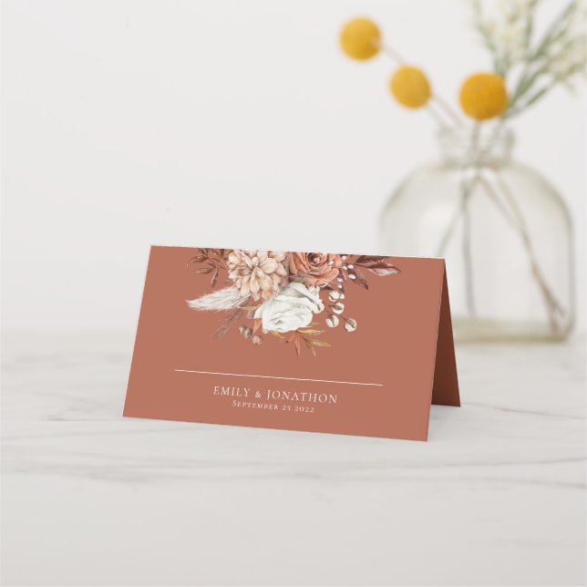 Rustic Autumn Florals Names Date Rust Wedding  Place Card (Front)
