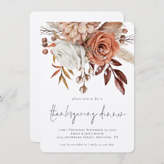 Rustic Autumn Florals Terracotta Thanksgiving  Invitation (Front/Back)
