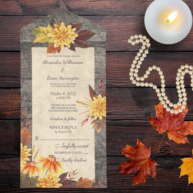 Rustic Autumn Flowers on Wood All In One Invitation (Also available with QR code. )