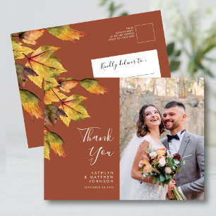 Rustic Autumn Foliage Fall Wedding Photo Thank You Postcard