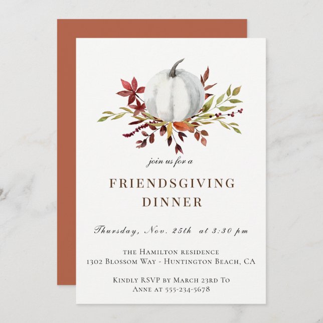 Rustic Autumn Foliage White Pumpkin Friendsgiving Invitation (Front/Back)