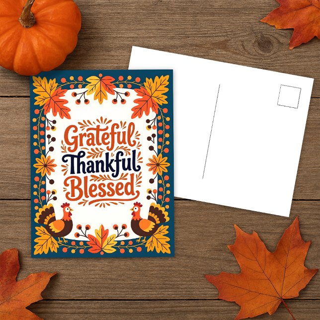 Rustic Autumn Folk Art Grateful Thankful Blessed  Postcard (Creator Uploaded)