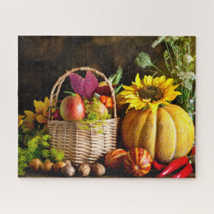 Rustic Autumn Harvest Flowers Pumpkin Jigsaw Puzzle