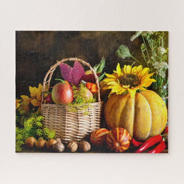 Rustic Autumn Harvest Flowers Pumpkin Jigsaw Puzzle (Horizontal)