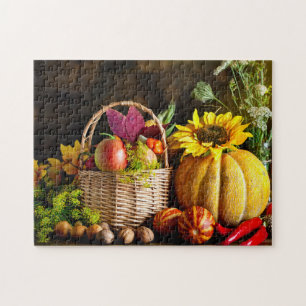 Rustic Autumn Harvest Flowers Pumpkin Jigsaw Puzzle