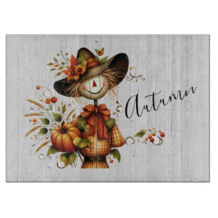 Rustic Autumn Harvest Scarecrow with Pumpkins Cutting Board