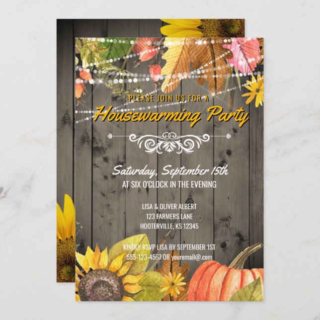 Rustic Autumn Housewarming Party Barnwood Lights Invitation (Front/Back)