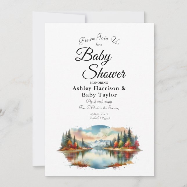 Rustic Autumn Lakeside Forest Baby Shower Invitation (Front)