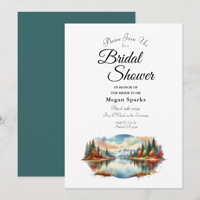 Rustic Autumn Lakeside Forest Bridal Shower Invitation (Front/Back)