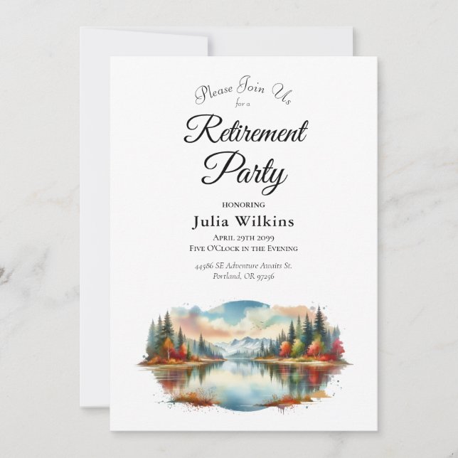  Rustic Autumn Lakeside Forest Retirement Party Invitation (Front)