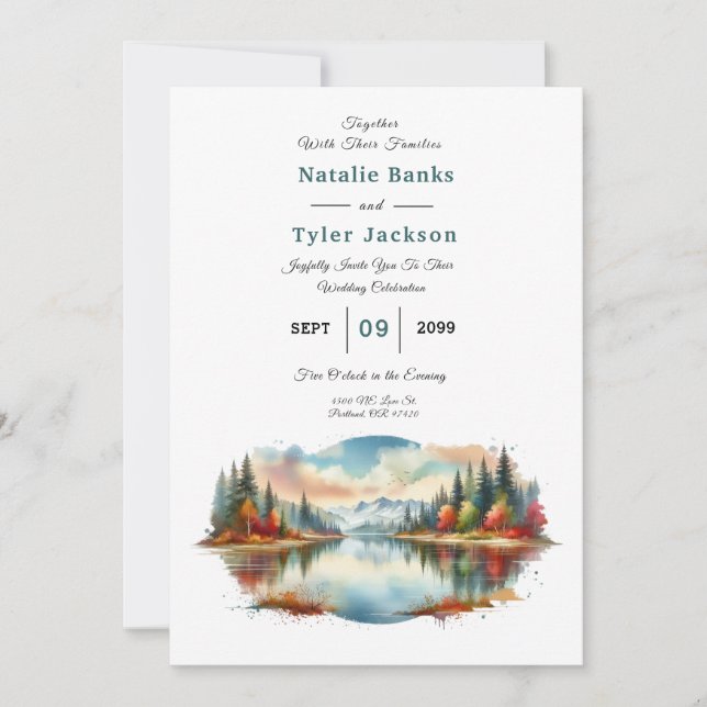 Rustic Autumn Lakeside Forest Wedding Invitation (Front)