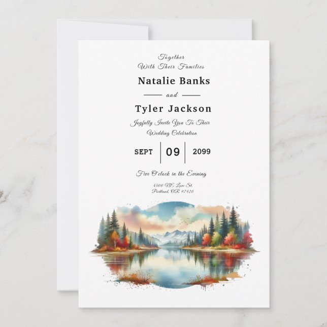 Rustic Autumn Lakeside Forest Wedding Invitation (Front)
