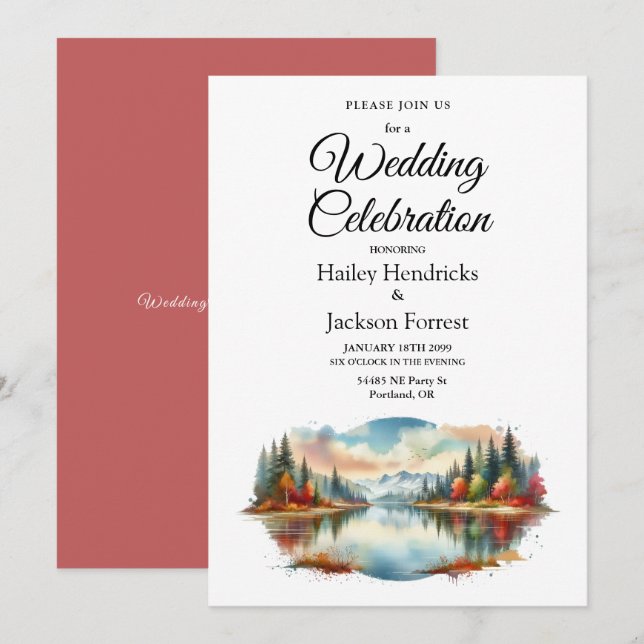 Rustic Autumn Lakeside Forest Wedding Invitation (Front/Back)