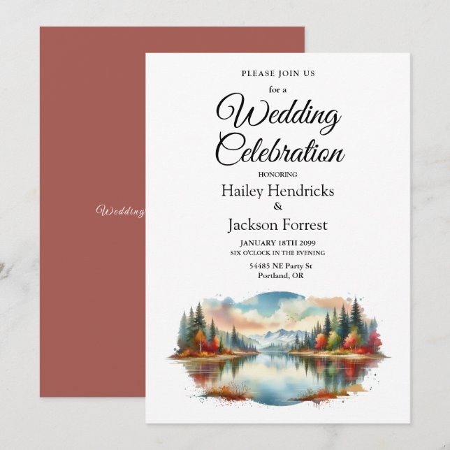 Rustic Autumn Lakeside Forest Wedding Invitation (Front/Back)