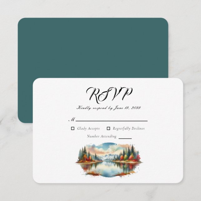 Rustic Autumn Lakeside Forest Wedding RSVP Card (Front/Back)