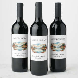 Rustic Autumn Lakeside Forest Wedding Wine Label
