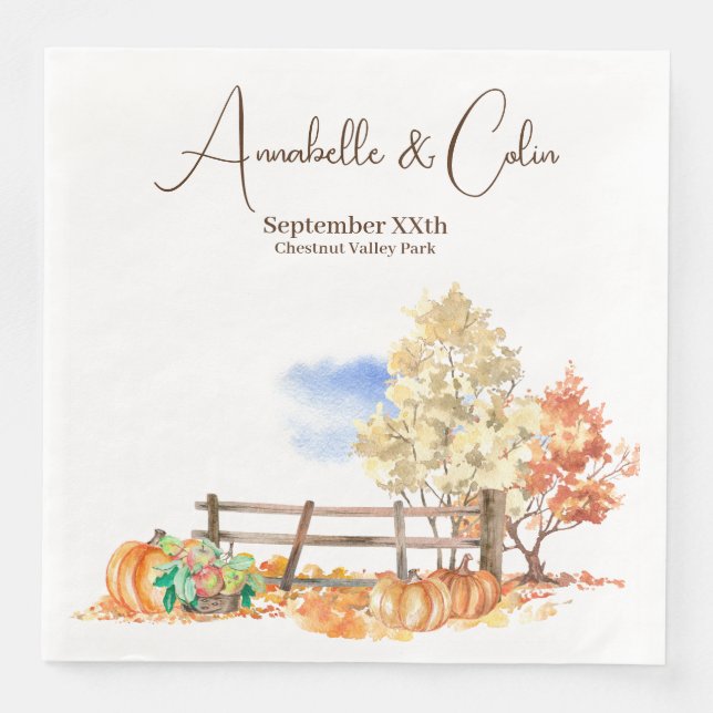Rustic Autumn Landscape Trees & Pumpkins Napkin (Front)