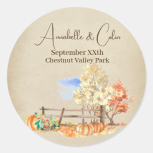 Rustic Autumn Landscape Trees & Pumpkins Parchment Classic Round Sticker