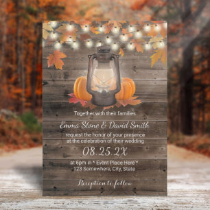 Rustic Autumn Lantern & Pumpkins Fall Wedding Invitation