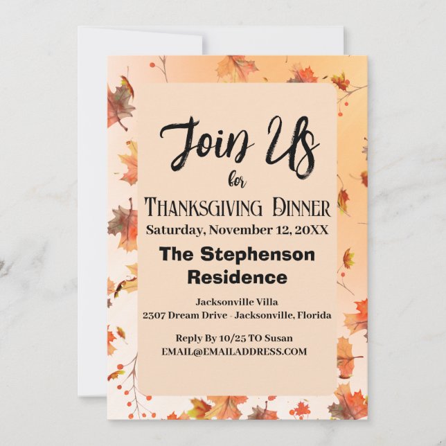 Rustic Autumn Leaf Themed Thanksgiving Dinner Invitation (Front)