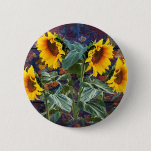 Rustic Autumn Leaves and Sunflowers Button