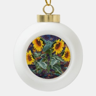 Rustic Autumn Leaves and Sunflowers Ceramic Ball Christmas Ornament