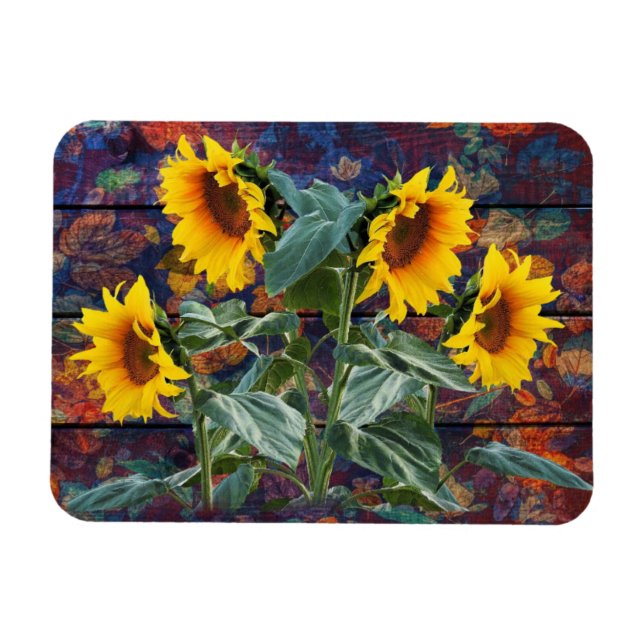 Rustic Autumn Leaves and Sunflowers Magnet (Horizontal)
