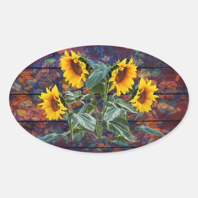 Rustic Autumn Leaves and Sunflowers Oval Sticker (Front)