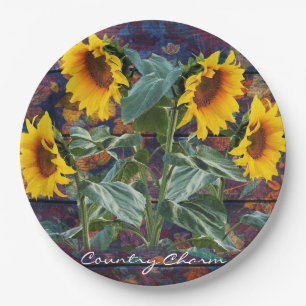 Rustic Autumn Leaves and Sunflowers Paper Plate