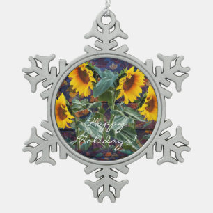 Rustic Autumn Leaves and Sunflowers Snowflake Pewter Christmas Ornament
