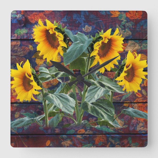 Rustic Autumn Leaves and Sunflowers Square Wall Clock (Front)