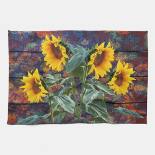 Rustic Autumn Leaves and Sunflowers Tea Towel