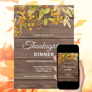 Rustic Autumn Leaves Barn Wood Thanksgiving Dinner Invitation