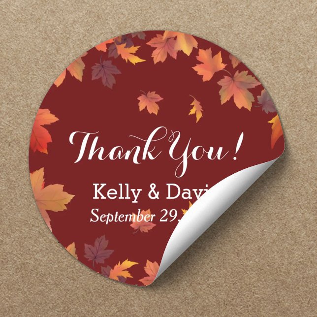 Rustic Autumn Leaves Burgundy Fall Wedding Favour Classic Round Sticker (Creator Uploaded)