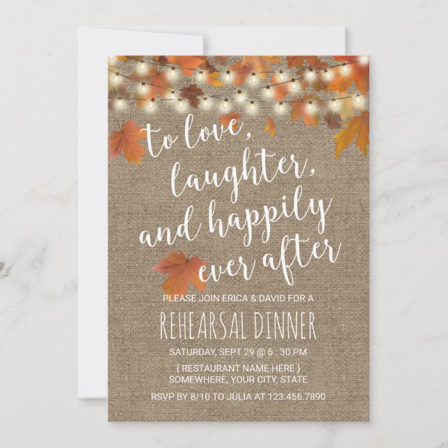 Rustic Autumn Leaves Burlap Rehearsal Dinner Invitation (Front)