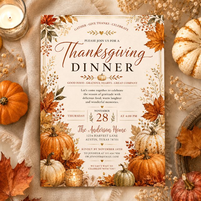 Rustic Autumn Leaves Fall Pumpkins Thanksgiving Invitation (Creator Uploaded)