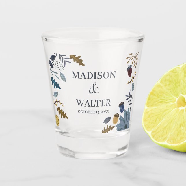 Rustic autumn leaves fall wedding  shot glass (Front)