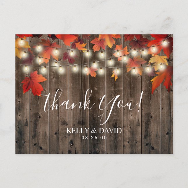 Rustic Autumn Leaves Fall Wedding Thank You Postcard (Front)