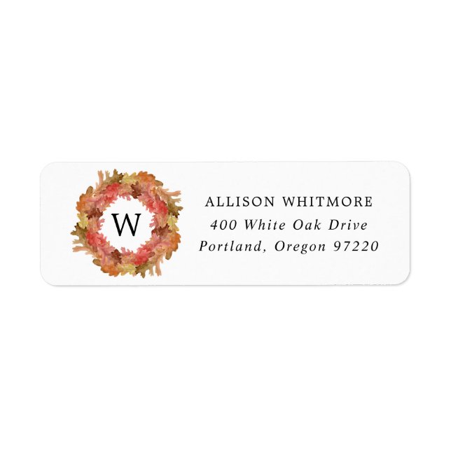 Rustic Autumn Leaves Fall Wreath Monogram Return Address Label (Front)