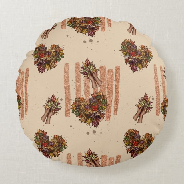 Rustic Autumn Leaves Heart Pattern – Fall Vibes Round Cushion (Front)