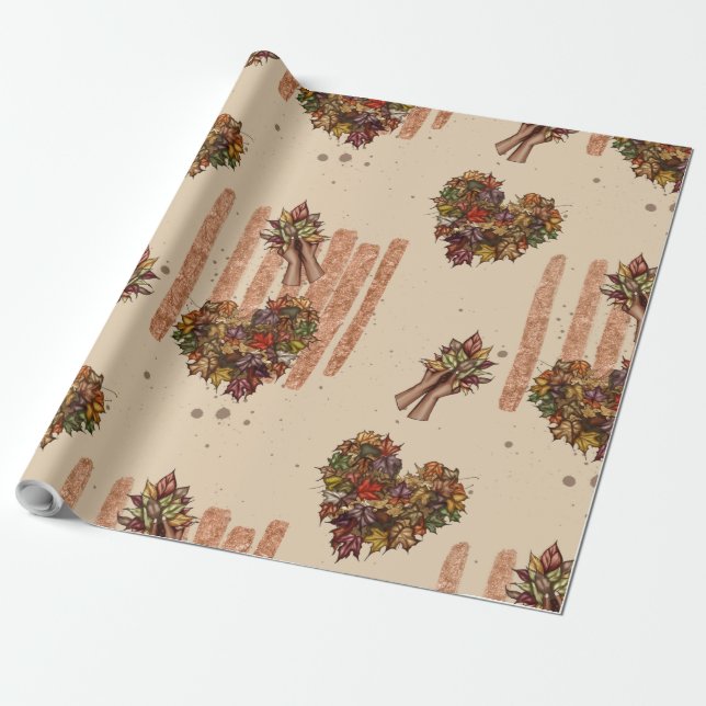 Rustic Autumn Leaves Heart Pattern – Fall Vibes Wrapping Paper (Unrolled)