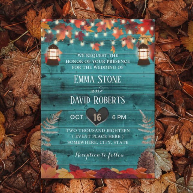 Rustic Autumn Leaves Lantern Teal Barn Wedding Invitation (Creator Uploaded)