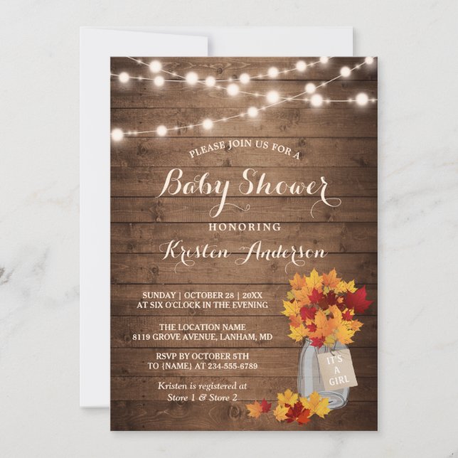 Rustic Autumn Leaves Mason Jar Lights Baby Shower Invitation (Front)