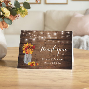 Rustic Autumn Leaves Mason Jar Lights Thank You Card
